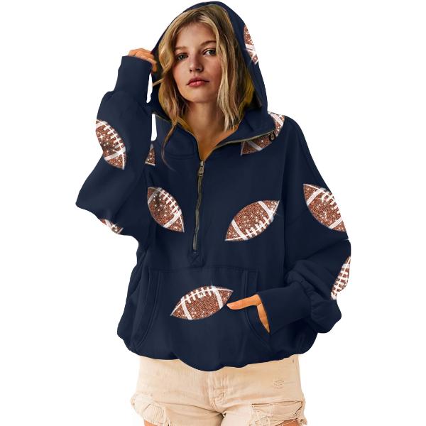 Ommig Womens Game Day Sweatshirts Football Sequin Hoodies Tailgate Outfits Long Sleeve Zipper Sweaters with Pocket
