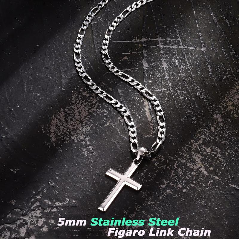 925 Sterling Silver Cross Necklace for Men Women, 5mm 316L Stainless Steel Diamond-Cut Durable Figaro Link Chain or Cuban Link Curb Chain for Men, Mens Silver Crucifix Cross Pendant Necklaces Jewelry 16-30 Inches