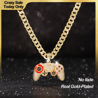 Holylegend 14K Real Gold-Plated Game Controller Necklace, Sony-Inspired CZ Diamond Pendant, 24" Cuban & Rope Chain, Hip Hop Jewelry Gift for PlayStation Fans