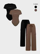 Women's Shortsleeve Bodysuit & Drawstring Waist Pants Set, Fitted Casual Style Round Neck Snap Bodysuit & Pocket Trousers, Minimalist Clothes for All Seasons, Y2k Statement Outfits Set, Womenswear, Basic Casual Matching Yoga Clothes Set