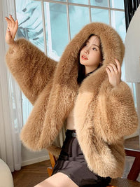 Women's Solid Color Hooded Faux Fur Coat, Casual Long Sleeve Thermal Outerwear for Fall & Winter, Women's Clothing for Daily Wear, Womenswear