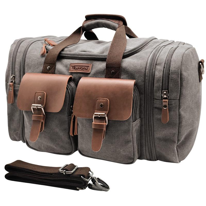 Wildroad Duffle Bag for Men Waterproof Waxed Canvas Genuine Leather Weekender Overnight Vintage Durable Travel Crossbodybag Handbag Tote Shoulder Bag Carry On Travel Essentials Accessories Luggage Large Capacity Personal Hiking Gear Everyday Suitcases