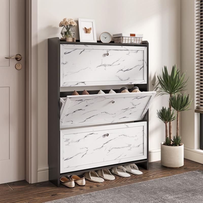 SULIVES Marble Shoe Cabinet: Elegant veneer finish, exquisite metal handles, and breathable semi-open design ensure enhanced air circulation for dryness, hygiene, and a modern aesthetic.