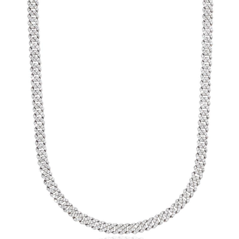 Micro Diamond Prong Cuban Necklace - 14k White Gold - 6mm Chain with White Gold Plating and CZ Diamonds 16-24" Lengths