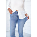Judy Blue The Montauk Crop Mid-Rise Medium Wash Distressed Hem Kick Flare Jeans