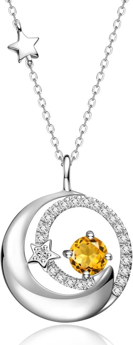 FANCIME Birthstone Necklaces 925 Sterling Silver Moon and Star Pendant Fine Jewelry Birthday Christmas Gifts for Mom Wife Her Daughter, Adjustable Chain 16+2"