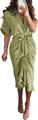 BTFBM Women Button Down Ruched Shirt Dresses Satin Short Sleeve Lapel V Neck Summer Maxi Dress 2025 Party Wedding Guest