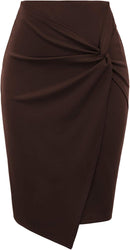 Kate Kasin Wear to Work Pencil Skirts for Women Elastic High Waist Wrap Front Knee Length Bodycon Skirt Tummy Control