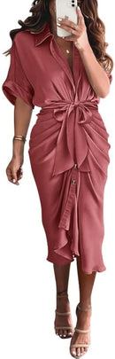 BTFBM Women Button Down Ruched Shirt Dresses Satin Short Sleeve Lapel V Neck Summer Maxi Dress 2025 Party Wedding Guest