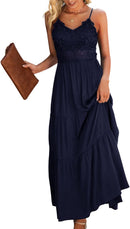 Dokuritu Women's Beach Crochet Lace Maxi Dress Solid Color Summer Vacation Spaghetti Strap Long Dress 2024