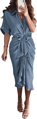 BTFBM Women Button Down Ruched Shirt Dresses Satin Short Sleeve Lapel V Neck Summer Maxi Dress 2025 Party Wedding Guest