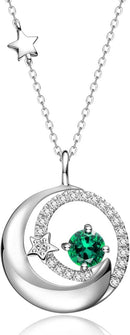 FANCIME Birthstone Necklaces 925 Sterling Silver Moon and Star Pendant Fine Jewelry Birthday Christmas Gifts for Mom Wife Her Daughter, Adjustable Chain 16+2"