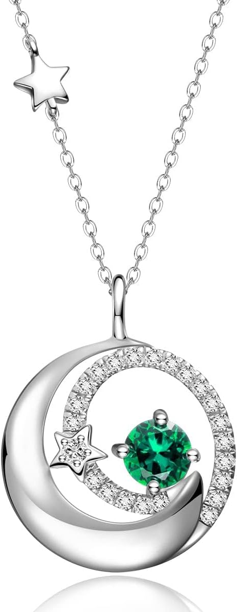 FANCIME Birthstone Necklaces 925 Sterling Silver Moon and Star Pendant Fine Jewelry Birthday Christmas Gifts for Mom Wife Her Daughter, Adjustable Chain 16+2"