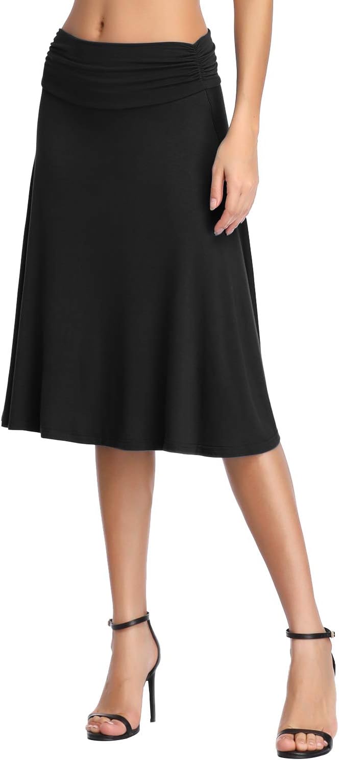 Urban CoCo Women's Ruched High Waist Knee Length Jersey A-Line Stretchy Flared Casual Skirt