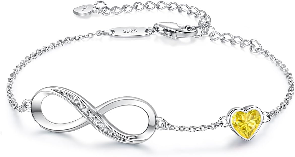 CDE Infinity Heart Birthstone Charm Link Bracelet for Women 925 Sterling Silver Adjustable Mother's Day Gift Anniversary Birthday Jewelry for Wife Girlfriend Her