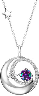FANCIME Birthstone Necklaces 925 Sterling Silver Moon and Star Pendant Fine Jewelry Birthday Christmas Gifts for Mom Wife Her Daughter, Adjustable Chain 16+2"
