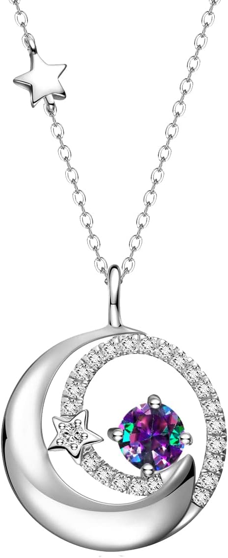FANCIME Birthstone Necklaces 925 Sterling Silver Moon and Star Pendant Fine Jewelry Birthday Christmas Gifts for Mom Wife Her Daughter, Adjustable Chain 16+2"