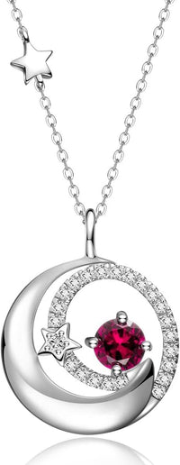 FANCIME Birthstone Necklaces 925 Sterling Silver Moon and Star Pendant Fine Jewelry Birthday Christmas Gifts for Mom Wife Her Daughter, Adjustable Chain 16+2"