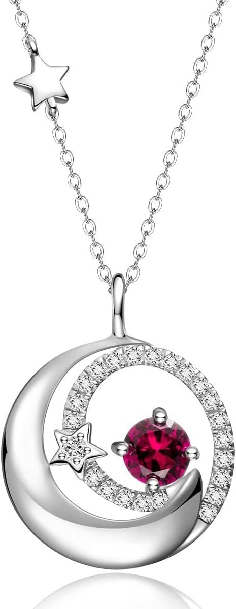 FANCIME Birthstone Necklaces 925 Sterling Silver Moon and Star Pendant Fine Jewelry Birthday Christmas Gifts for Mom Wife Her Daughter, Adjustable Chain 16+2"