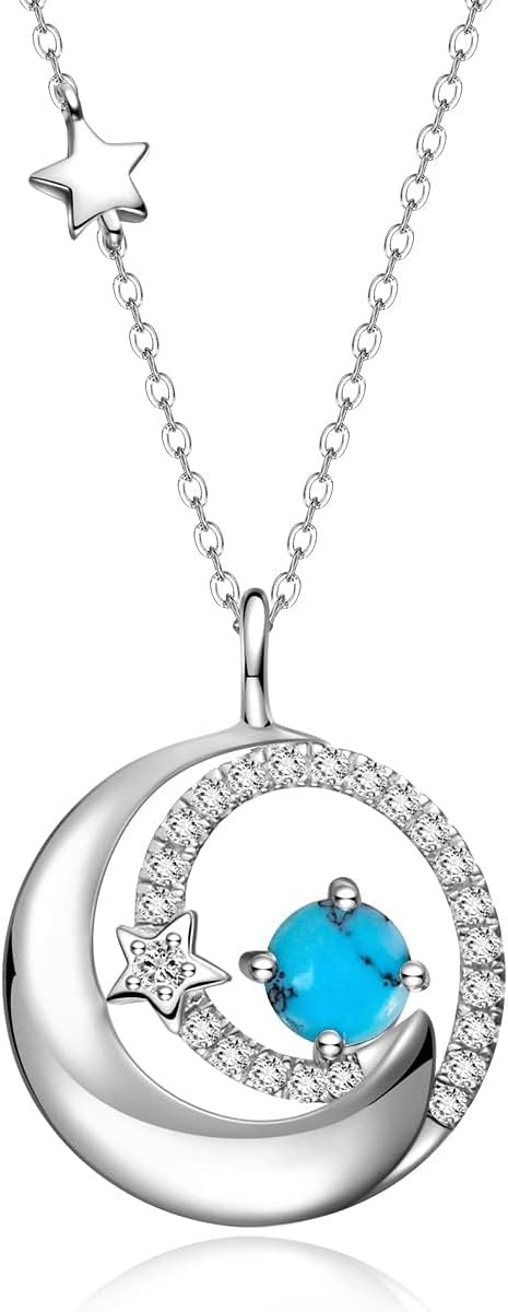 FANCIME Birthstone Necklaces 925 Sterling Silver Moon and Star Pendant Fine Jewelry Birthday Christmas Gifts for Mom Wife Her Daughter, Adjustable Chain 16+2"