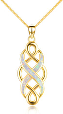 YFN Irish Celtic Knot Created Opal Pendant Necklace Sterling Silver Black Necklaces for Women Men 18"