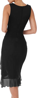 BORIFLORS Women's Sexy Ruched Bodycon Midi Dresses Square Neck Sleeveless Ruffle Hem Club Party Tank Dress