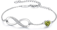 CDE Infinity Heart Birthstone Charm Link Bracelet for Women 925 Sterling Silver Adjustable Mother's Day Gift Anniversary Birthday Jewelry for Wife Girlfriend Her