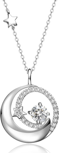 FANCIME Birthstone Necklaces 925 Sterling Silver Moon and Star Pendant Fine Jewelry Birthday Christmas Gifts for Mom Wife Her Daughter, Adjustable Chain 16+2"