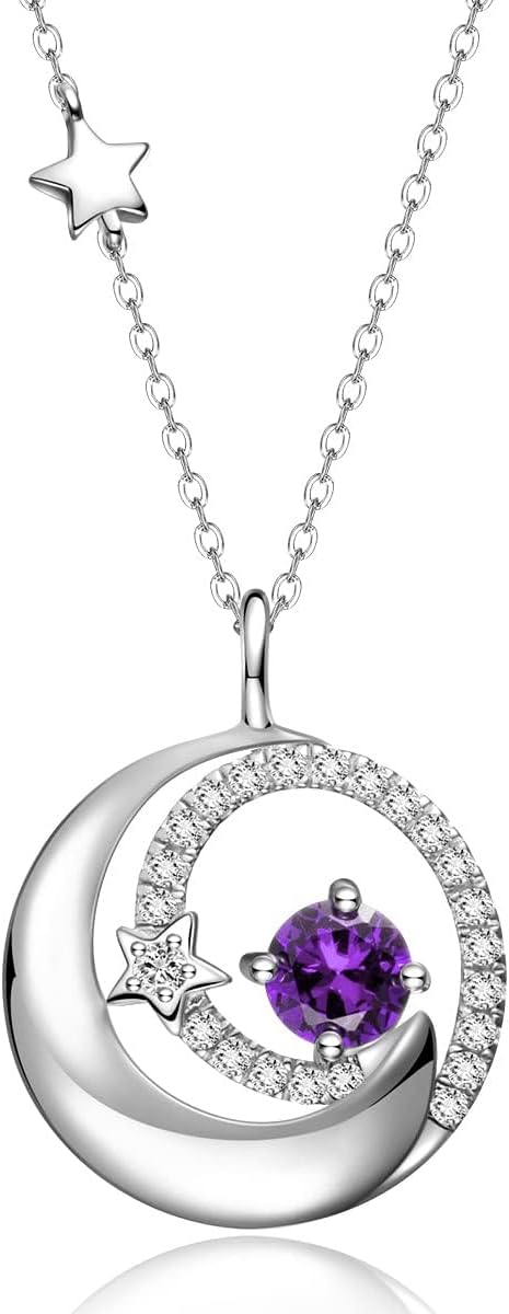 FANCIME Birthstone Necklaces 925 Sterling Silver Moon and Star Pendant Fine Jewelry Birthday Christmas Gifts for Mom Wife Her Daughter, Adjustable Chain 16+2"