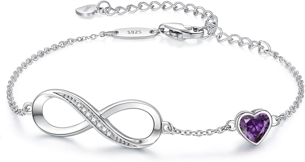 CDE Infinity Heart Birthstone Charm Link Bracelet for Women 925 Sterling Silver Adjustable Mother's Day Gift Anniversary Birthday Jewelry for Wife Girlfriend Her