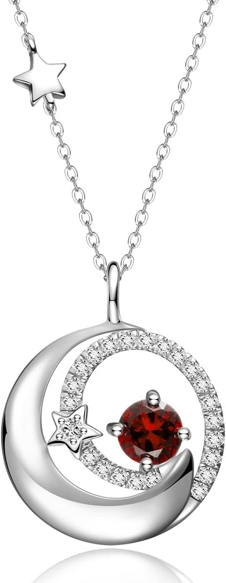 FANCIME Birthstone Necklaces 925 Sterling Silver Moon and Star Pendant Fine Jewelry Birthday Christmas Gifts for Mom Wife Her Daughter, Adjustable Chain 16+2"