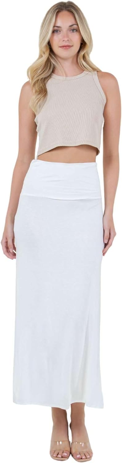 Azules Women's Maxi Skirt: Elegant, Soft, Stretchy Flowy Rayon Boho, High Waist Fold Over – Versatile for Any Occasion.
