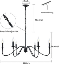 Black Chandelier,6-Light Rustic Industrial Iron Chandeliers for Dining Room Lighting Fixtures Hanging,Candle Hanging Hallway, Living Room, Foyer, Bedroom, Office, Bar,Island Lights