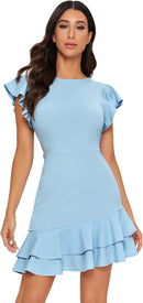 Floerns Women's V Back Inslace Layered Ruffle Hem Flutter Sleeve Dress