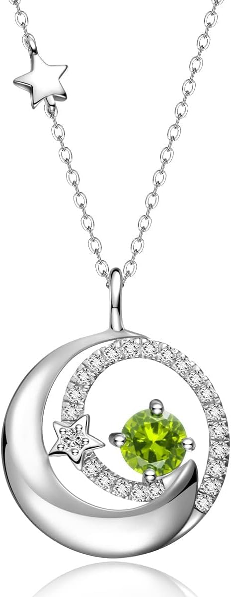 FANCIME Birthstone Necklaces 925 Sterling Silver Moon and Star Pendant Fine Jewelry Birthday Christmas Gifts for Mom Wife Her Daughter, Adjustable Chain 16+2"