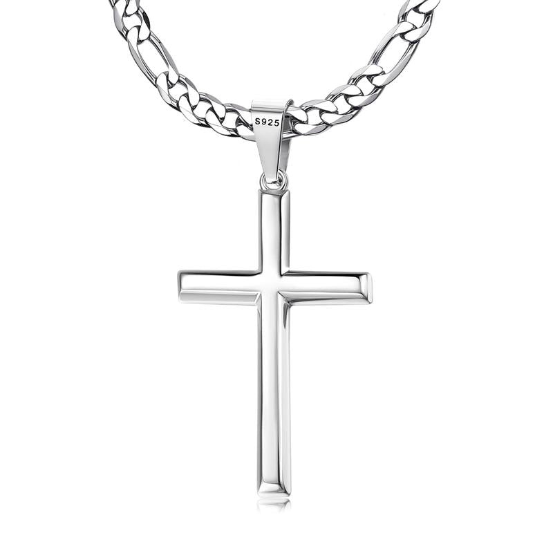 925 Sterling Silver Cross Necklace for Men Women, 5mm 316L Stainless Steel Diamond-Cut Durable Figaro Link Chain or Cuban Link Curb Chain for Men, Mens Silver Crucifix Cross Pendant Necklaces Jewelry 16-30 Inches