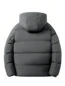Men's Solid Color Patched Zip Up Longsleeves Hooded Winter Coat Jackets, Regular Fit Casual Long Sleeve Waterproof Warm Winter Jacket for Winter, Men's Clothes for Daily Wear