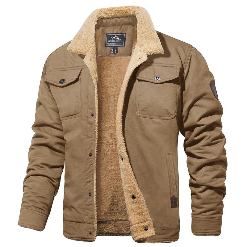 MAGCOMSEN Men's Winter Jacket Sherpa Lined Jacket Warm Trucker Coat Multi Pocket Casual Collared Menswear Tops Cotton Fleece Long Sleeve
