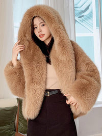 Women's Solid Color Hooded Faux Fur Coat, Casual Long Sleeve Thermal Outerwear for Fall & Winter, Women's Clothing for Daily Wear, Womenswear