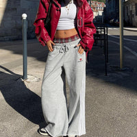 Aelfric Eden Double Waist Plaid Patchwork SweatPants Baggy Wide Leg Sweatpants for Women Loose Long Pants with Pockets
