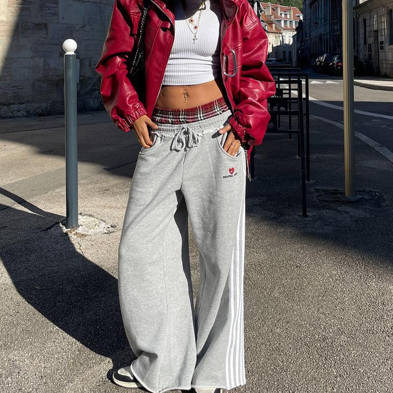 Aelfric Eden Double Waist Plaid Patchwork SweatPants Baggy Wide Leg Sweatpants for Women Loose Long Pants with Pockets