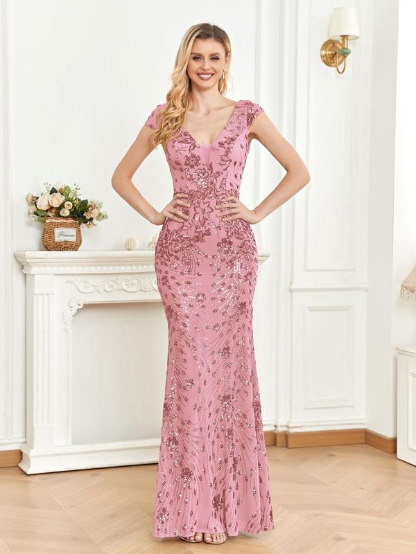 Women's Sequins Mermaid Evening Dress, Elegant V Neck Cap Sleeve Evening Party Gown, Ladies Clothes for Prom Cocktail Banquet Wedding Guest, Formal Wear