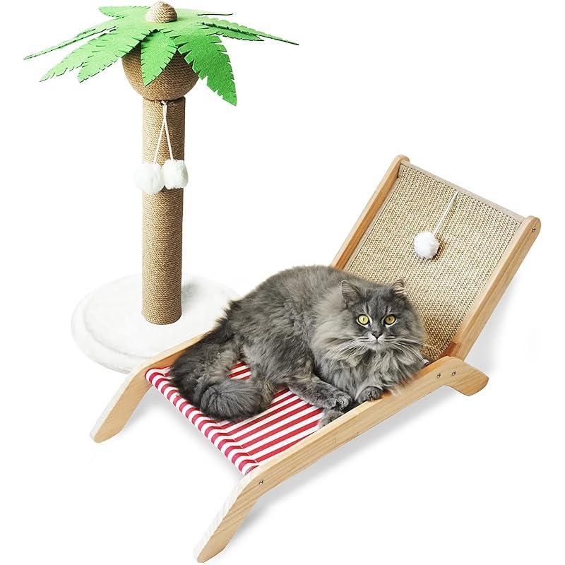 Beach Chair Cat Hammock, Elevated Cat Beds for Indoor Cats, Original Cozy Lounger with Sisal Scratcher and Toy Ball Heavy Duty Magnetic Garage Screen Door cat house cat hammock