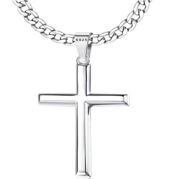 925 Sterling Silver Cross Necklace for Men Women, 5mm 316L Stainless Steel Diamond-Cut Durable Figaro Link Chain or Cuban Link Curb Chain for Men, Mens Silver Crucifix Cross Pendant Necklaces Jewelry 16-30 Inches