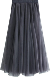 Dirholl Women's A-Line Fairy Patterned Elastic Waist Ruffle Mesh Layered Midi Skirt