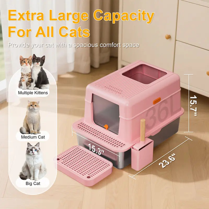 Stainless Steel cat Litter box with Lid, Extra Large Litter box XL, High Side Enclosed Litter box for Cats and Big Cats, Leak Proof Easy to Clean box toilet