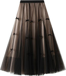 Dirholl Women's A-Line Fairy Patterned Elastic Waist Ruffle Mesh Layered Midi Skirt