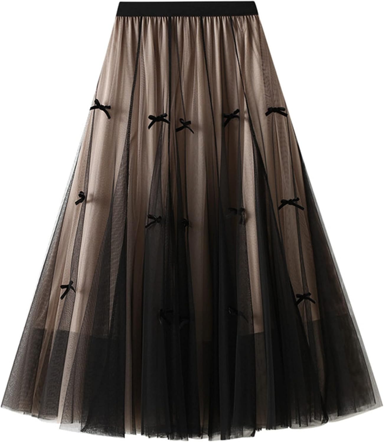 Dirholl Women's A-Line Fairy Patterned Elastic Waist Ruffle Mesh Layered Midi Skirt