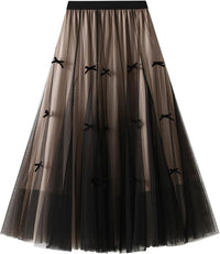 Dirholl Women's A-Line Fairy Patterned Elastic Waist Ruffle Mesh Layered Midi Skirt
