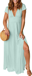 ANRABESS Women Summer Deep V Neck Short Sleeve Dresses Slit Elegant Wedding Guest Formal Cocktail Evening Maxi Long Dress